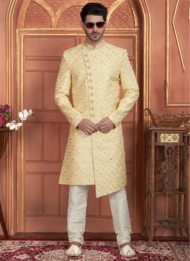 Dhupion Art Silk Yellow Wedding Wear Thread Work Readymade Sherwani